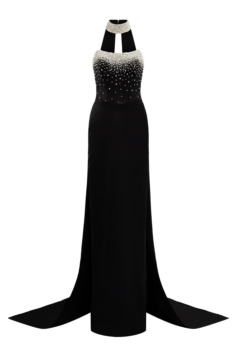Crystal-Embellished Corset Maxi Dress with Detachable Train IHF STUDIO Crystal-Embellished Corset Maxi Dress with Detachable Train IHF STUDIO