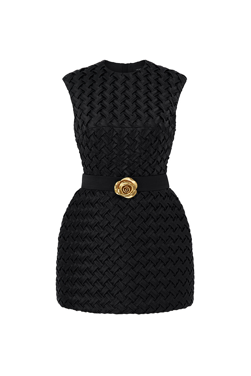 black dress with gold bow Smocked Silk Dress, Belt elegant black and gold cocktail dress