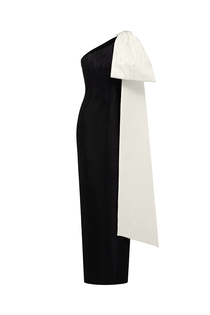 Black Column Gown, White Crystal Shoulder Bow