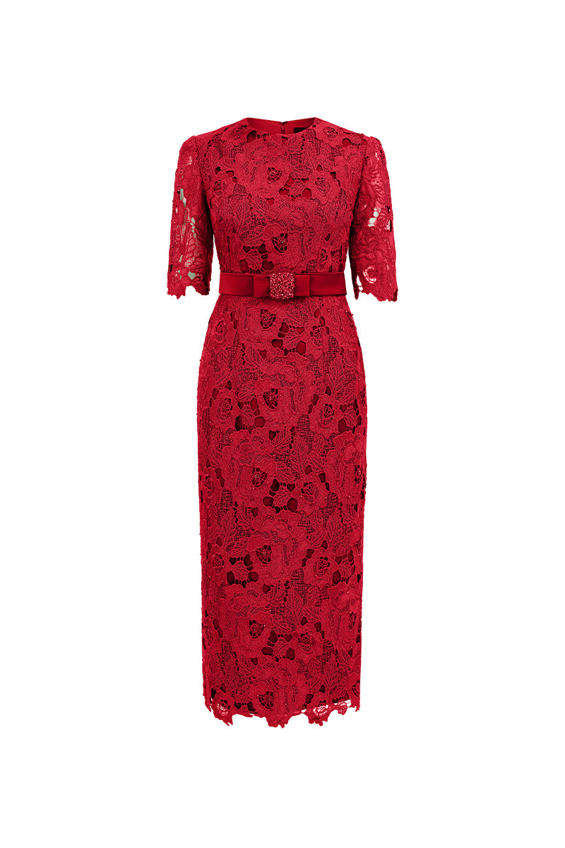 Dark Red Lace Bodycon Midi Dress, Bow Belt
