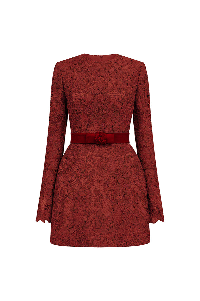 Dark Red Short-Sleeved Guipure Lace Mini Dress L