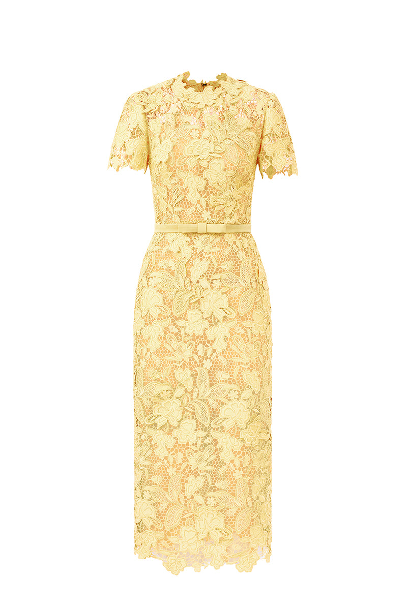 Yellow Lace Bodycon Dress, Short Sleeves