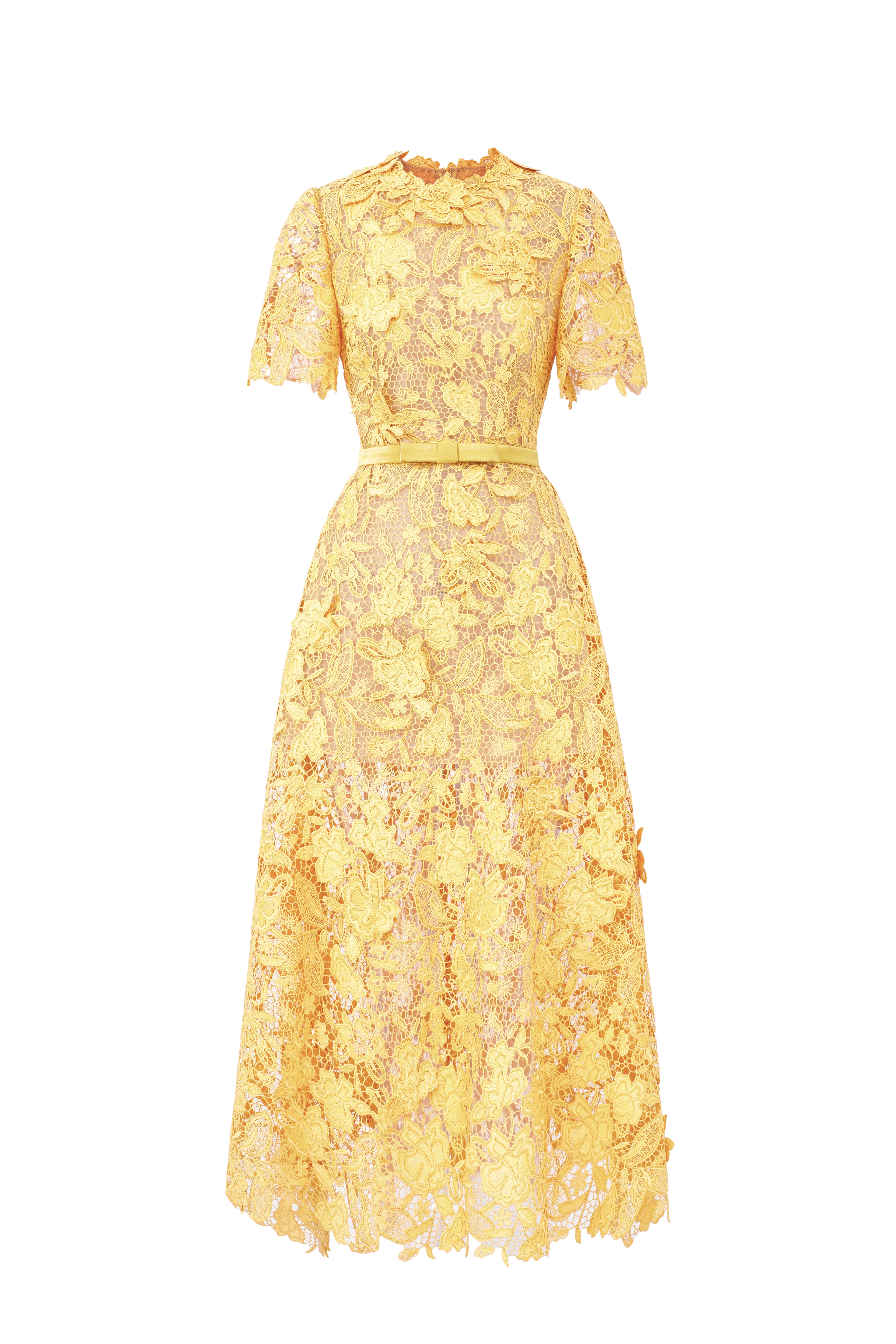 Yellow Lace A-line Midi Dress, Short Sleeves