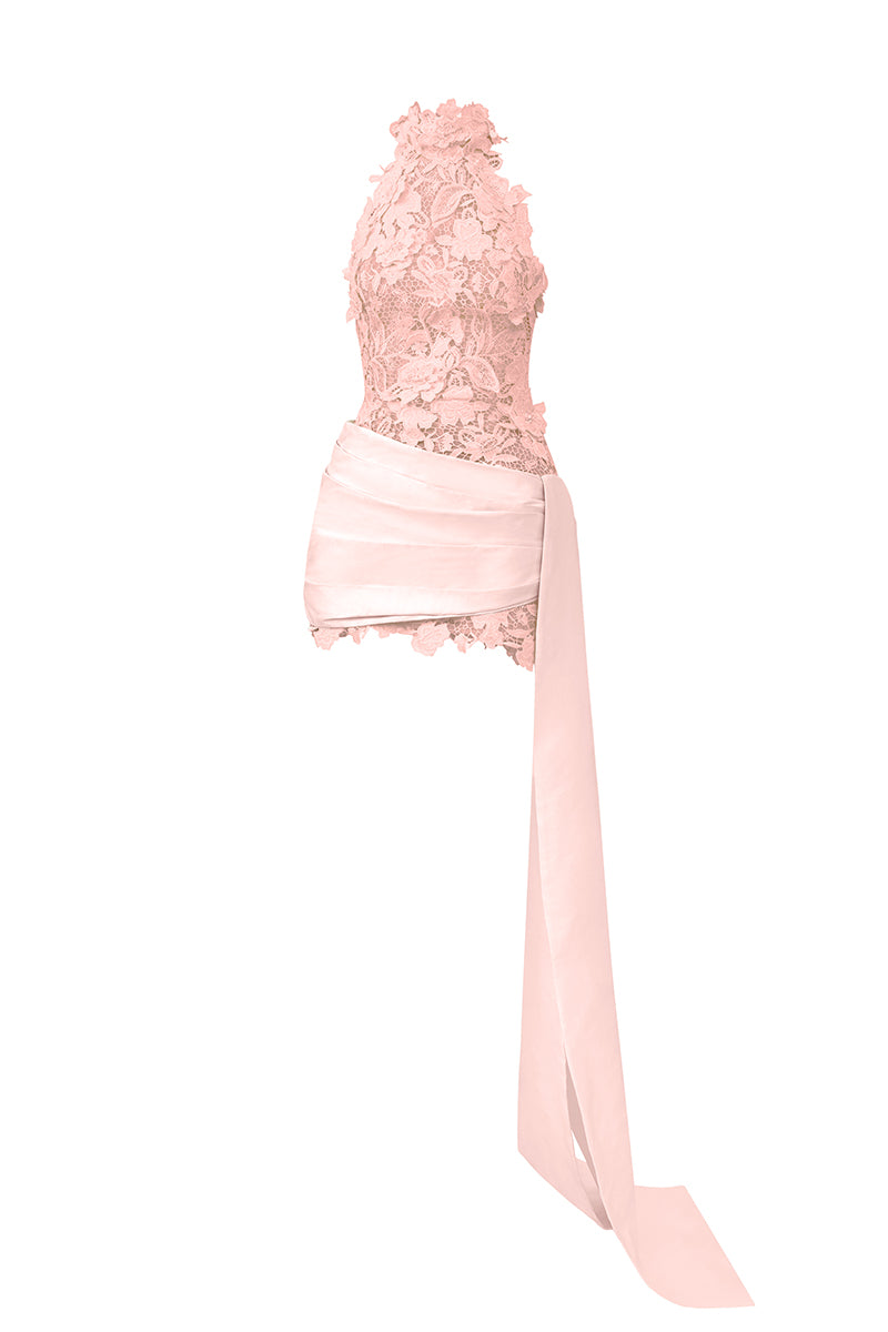 Light Pink Floral Garden Lace Halter Mini-Cloumn Dress With Asymmetric IHF STUDIO Light Pink Floral Garden Lace Halter Mini-Cloumn Dress With Asymmetric IHF STUDIO