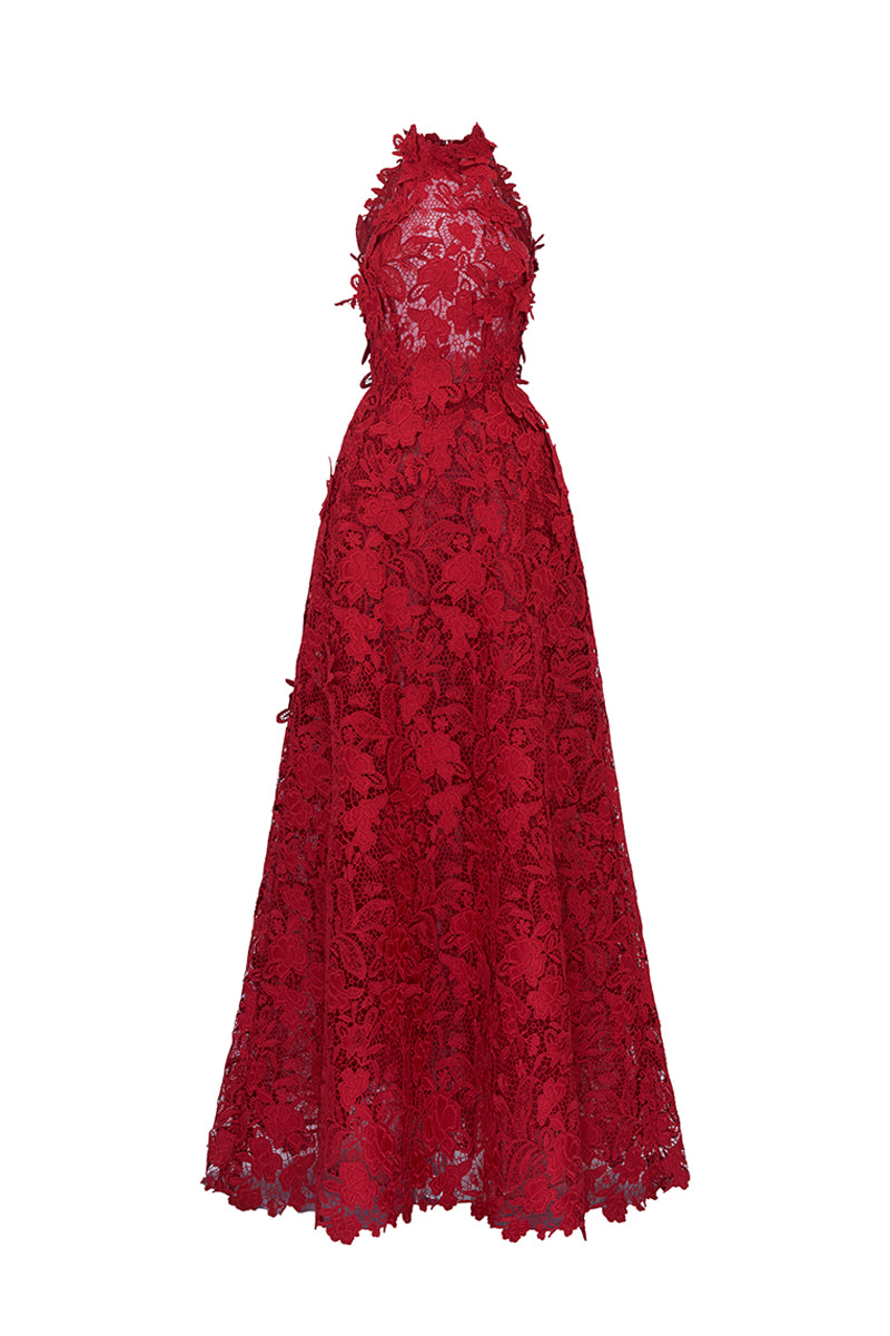 Red Lace Maxi A-line Gown with Veil