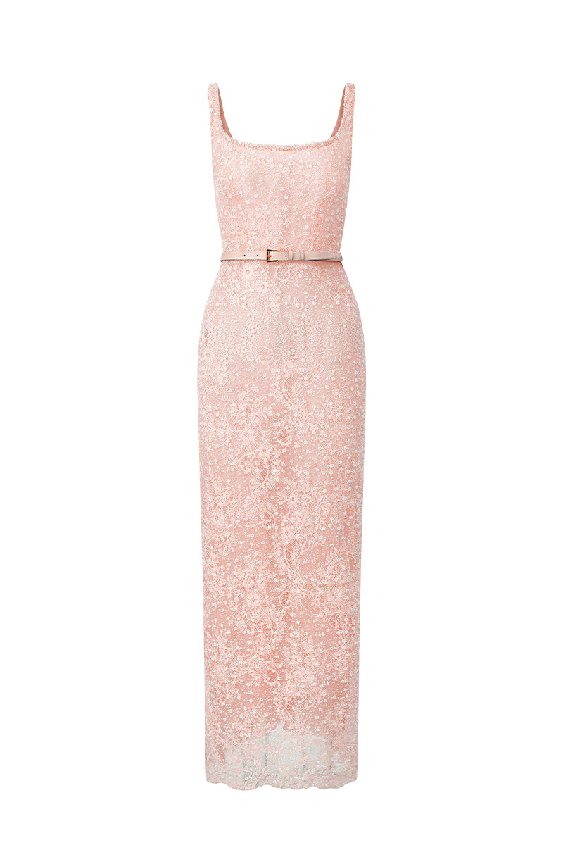 Light Pink Mesh Lace Square-Neck Midi Dress with Petite Sequin & Leath IHF STUDIO Light Pink Mesh Lace Square-Neck Midi Dress with Petite Sequin & Leath IHF STUDIO