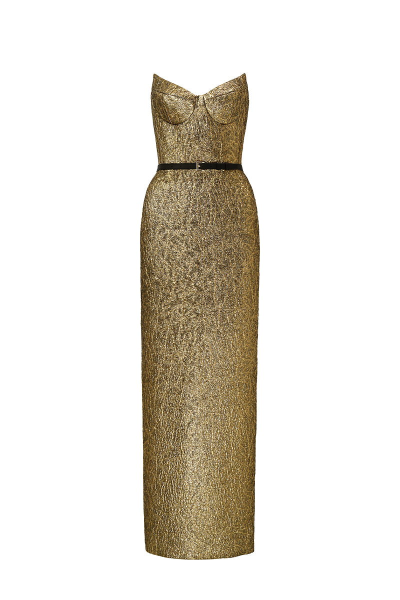 Gold Metallic-Lacquer Jacquard Bustier Midi Column Dress with Lotus-Pe IHF STUDIO Gold Metallic-Lacquer Jacquard Bustier Midi Column Dress with Lotus-Pe IHF STUDIO