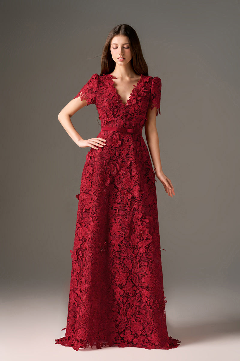 Red Lace A-line Maxi Dress, Short Sleeves