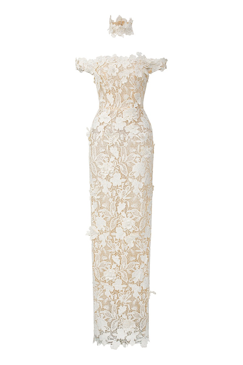 Ivory Floral Garden Lace Bustier Column Dress With Off-Shoulder Detail IHF STUDIO Ivory Floral Garden Lace Bustier Column Dress With Off-Shoulder Detail IHF STUDIO