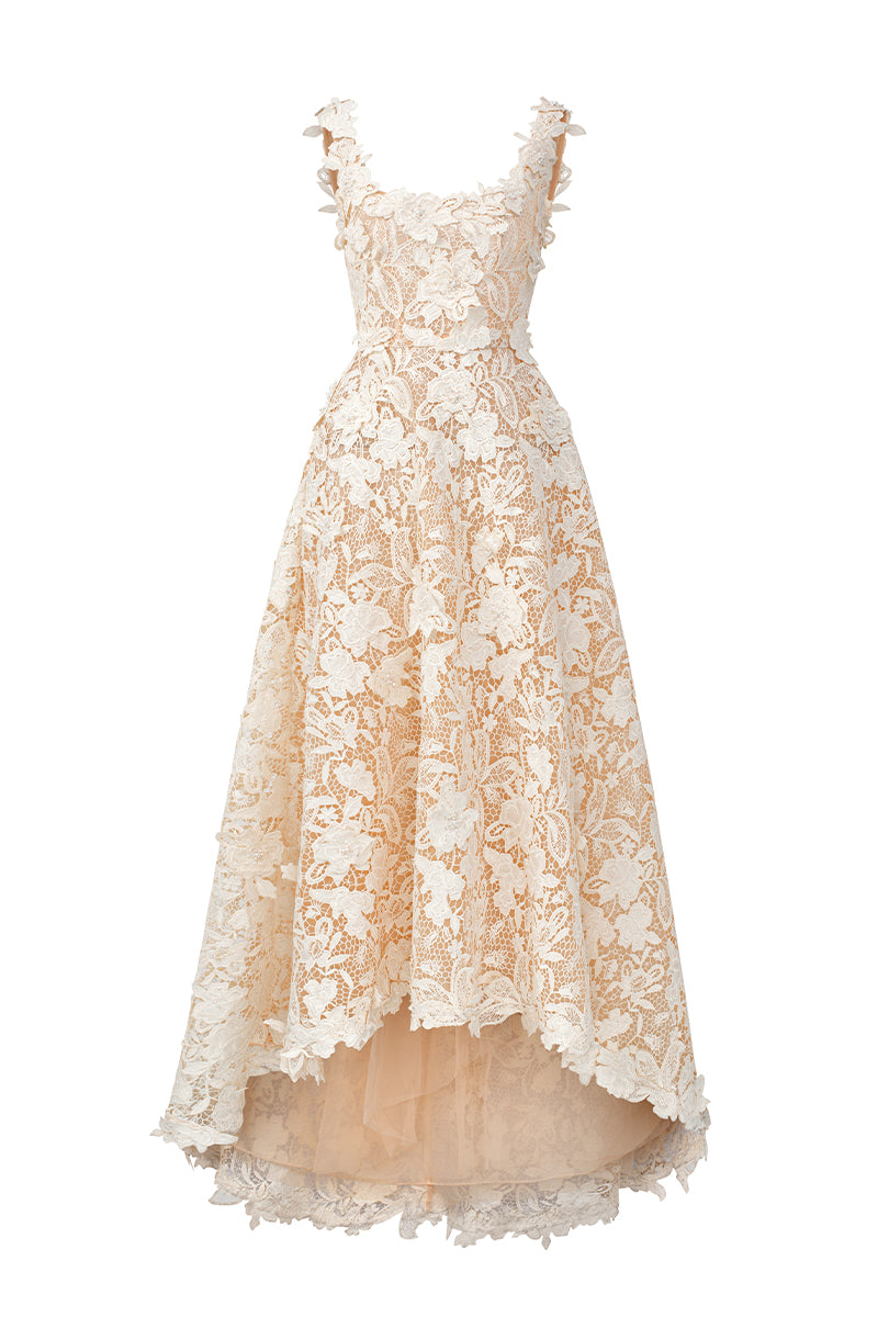 Ivory Floral Garden Lace Trapeze Midi Mullet A-line Dress With Pearl C IHF STUDIO Ivory Floral Garden Lace Trapeze Midi Mullet A-line Dress With Pearl C IHF STUDIO