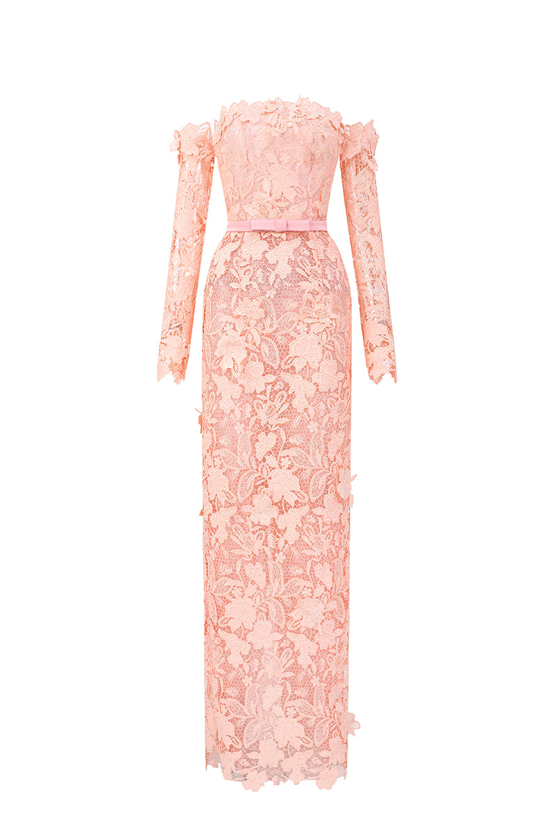 Light Pink Floral Garden Lace Off-Shoulder Dress with Long Sleeves – IHF  STUDIO