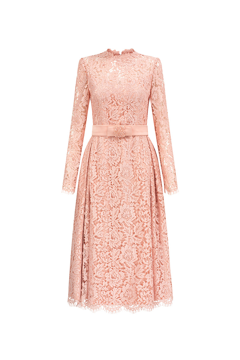 Long Sleeve Lace Dress With Bow Belt IHF STUDIO Long Sleeve Lace Dress With Bow Belt IHF STUDIO