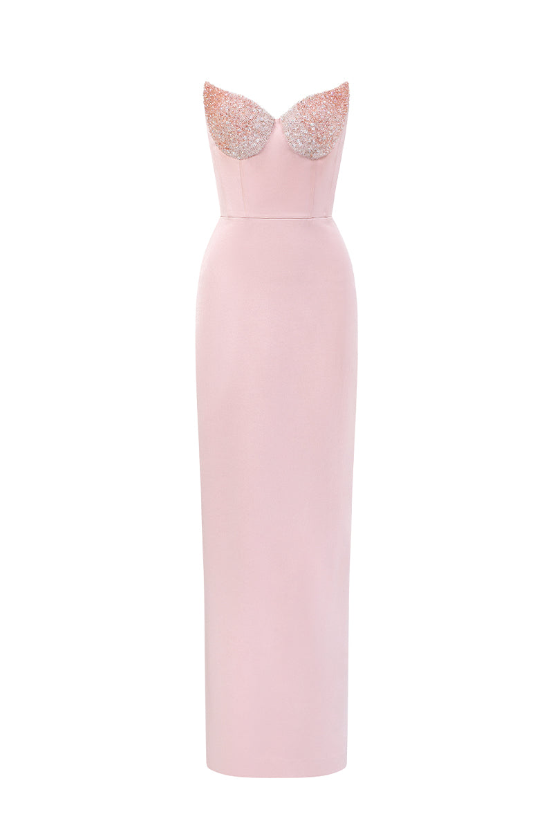 Light Pink Silk Taffeta Bustier Column Dress With Lotus Pental-Shaped Light Pink Silk Taffeta Bustier Column Dress With Lotus Pental-Shaped