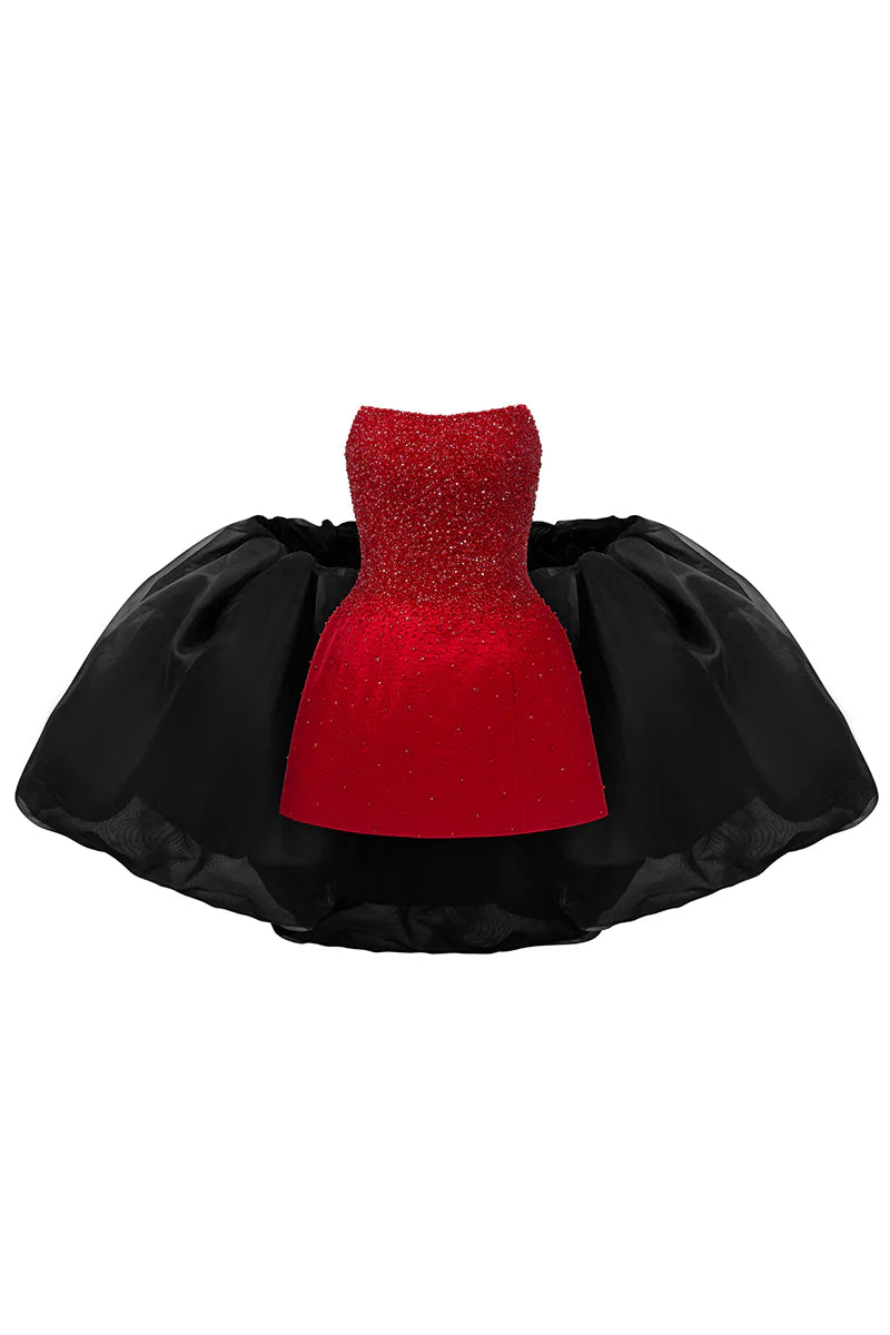 Red Crystal Corset Mini Dress, Bell Skirt