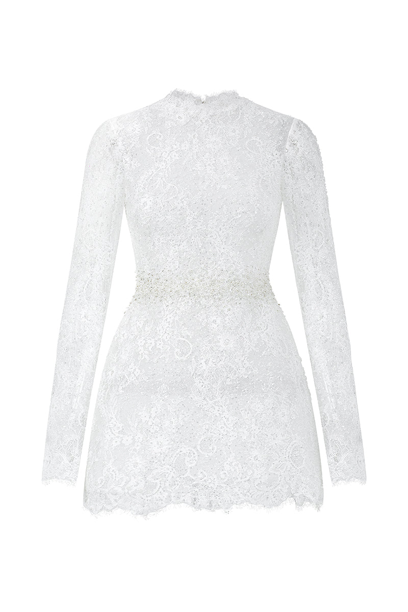 White Mesh Lace Long-Sleeve Mini Dress