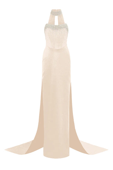 Beige Crystal-Embellished Corset Maxi Dress with Detachable Train - IHF STUDIO
