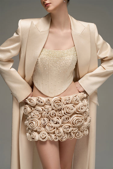 Beige silk taffeta corset top with handmade rolled-rose mini skirt and crystal embellishment - IHF STUDIO