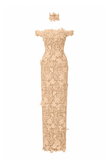 Beige Floral Garden Lace bustier column dress with off-shoulder details - IHF STUDIO