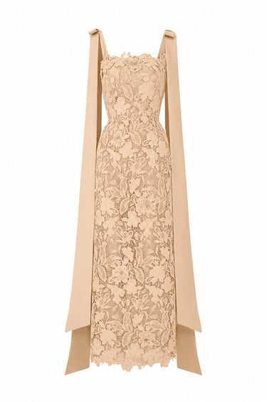 Beige Floral Garden Lace column dress with U neckline and bow straps - IHF STUDIO