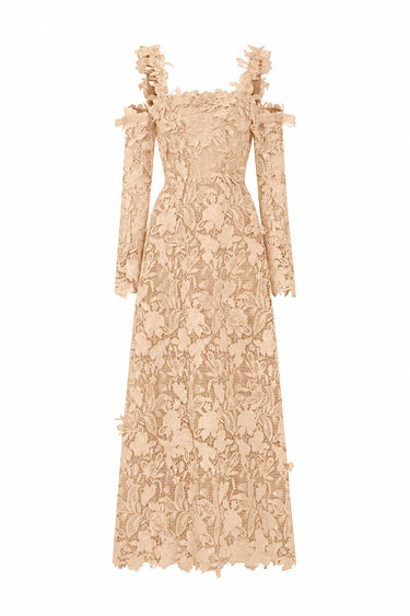 Beige Floral Garden Lace off-shoulder A-line dress with long sleeves - IHF STUDIO