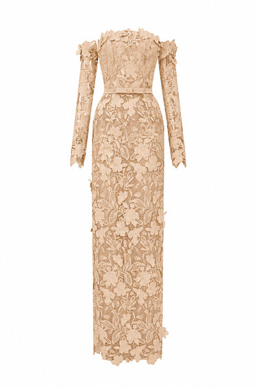 Beige Floral Garden Lace off-shoulder column dress with long sleeves - IHF STUDIO