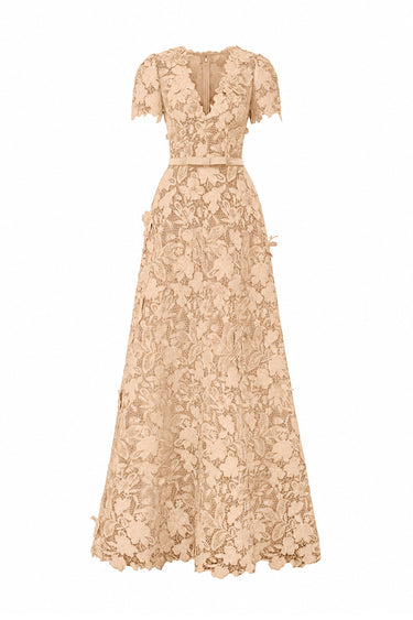 Beige Floral Garden Lace short-sleeve A-line maxi dress with V-neckline - IHF STUDIO