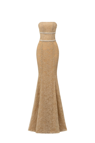 Beige Floral Mesh Lace Strapless Mermaid Dress - IHF STUDIO