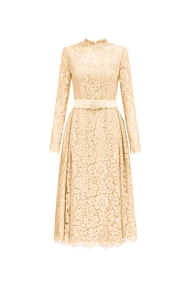 Beige Long Sleeve Lace Dress With Bow Belt - IHF STUDIO