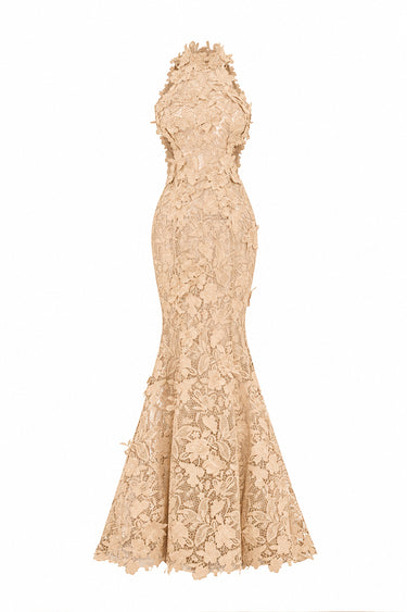 Beige maxi Floral Garden Lace mermaid dress with halter neck and waist cut-out details - IHF STUDIO