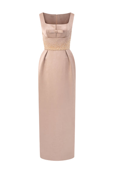 Beige Silk Taffeta Midi Column Dress With Square Neck And Mini Bow Detail - IHF STUDIO