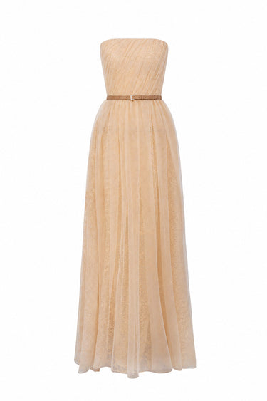 Beige Tiny Floral Mesh Lace Bustier Maxi A-Line Dress With Draped Tulle Details - IHF STUDIO