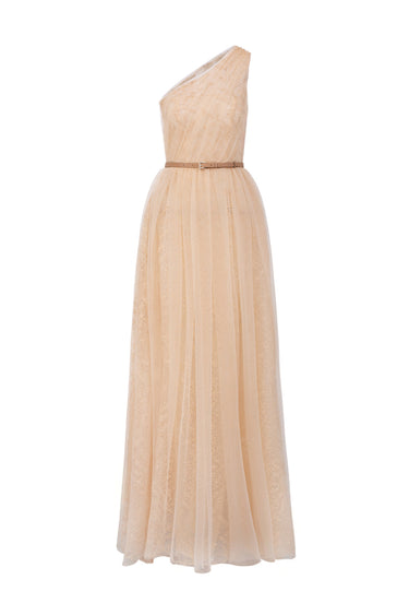 Beige Tiny Floral Mesh Lace One-Shoulder A-Line Dress With Draped Tulle Details - IHF STUDIO