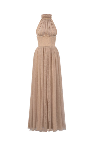 Beige Vine Guipure Lace A-Line Dress With Ruffle Collar - IHF STUDIO