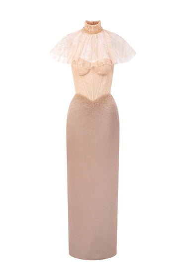 Beige Vine Guipure Lace And Silk Taffeta Bustier Midi Column Dress With Mini Cape - IHF STUDIO