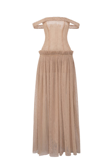 Beige Vine Guipure Lace Off-Shoulder A-Line Dress With Horizontal Train - IHF STUDIO