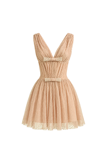 Beige Vine Guipure Lace V-neck mini A-line dress with draped details and two mini bows - IHF STUDIO