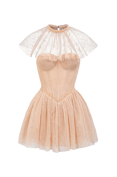 Beige Vine Guipure Mini Flared Dress with Cape - IHF STUDIO