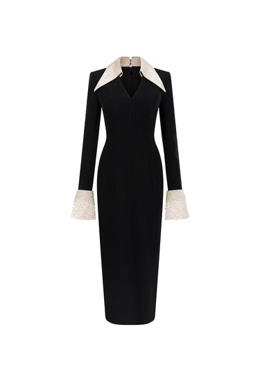 Black & Beige Long-Sleeved Black Crepe With Beige Wing Cuff Midi Dress - IHF STUDIO
