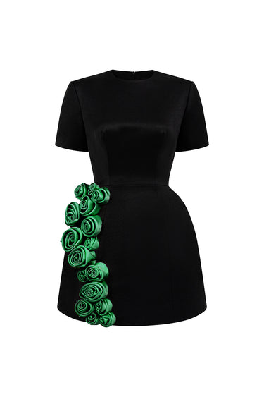 Black & Dark Green Crystal-Embellished Structured Mini Dress With Rolled Rose Appliqués - IHF STUDIO