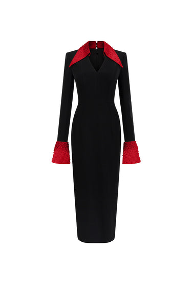 Black & Red Long-Sleeved Black Crepe With Red Wing Cuff Midi Dress - IHF STUDIO