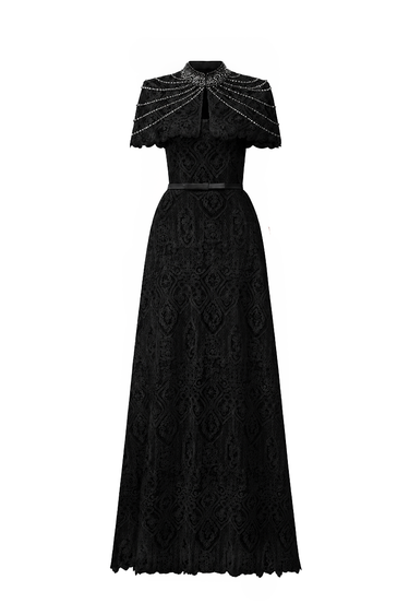 Black Architectural Lace Bustier A-Line Dress With Mini Cape And Crystal Embellishment - IHF STUDIO