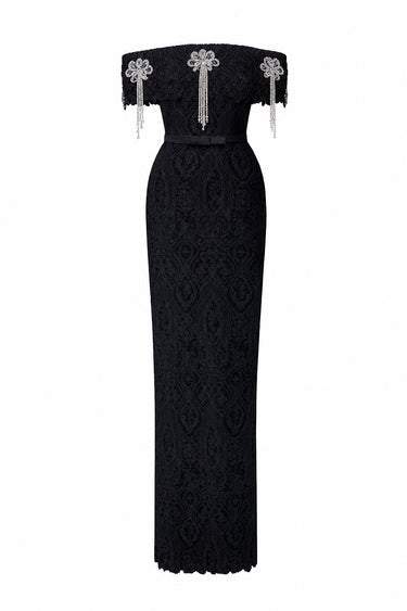 Black Architectural Lace Off-Shoulder Dress With Crystal Embellishment - IHF STUDIO