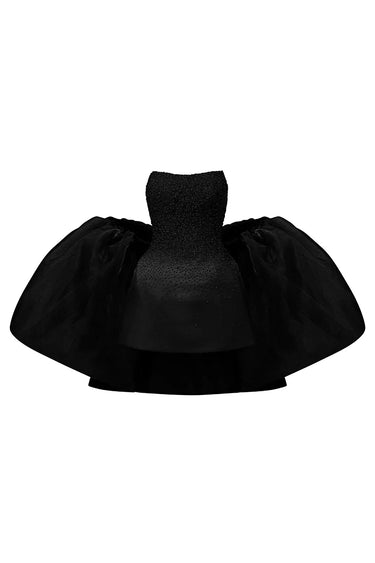 Black silk taffeta mini corset dress with crystal-embellished bodice and bell-shaped skirt - IHF STUDIO