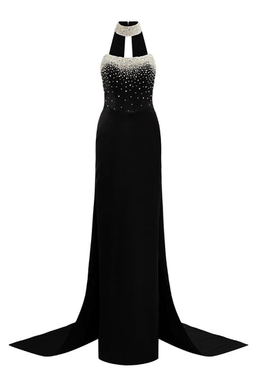 Black crystal-embellished corset maxi dress with sculpted bodice and detachable train - IHF STUDIO