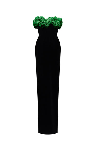 Black & Dark Green Off-Shoulder Rosette Column Gown - IHF STUDIO