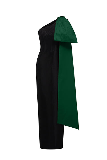 Black & Dark Green One-Bow Shoulder Taffeta Sheath Dress - IHF STUDIO