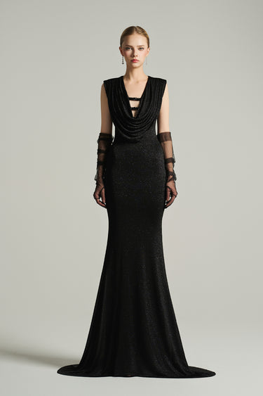 Black shimmer jersey maxi dress with a draped cowl neckline and delicate embellishments - IHF STUDIO