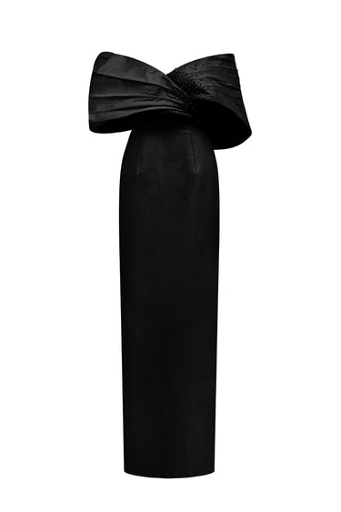 Black Draping Shoulder Column Taffeta Gown - IHF STUDIO