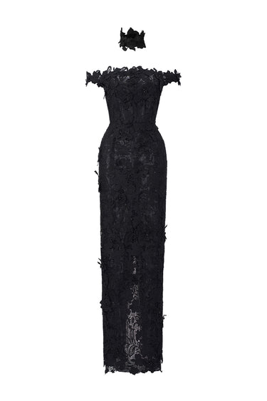 Black Floral Garden Lace Bustier Column Dress With Off-Shoulder Details - IHF STUDIO