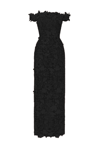 Black Floral Garden Lace bustier column midi dress with off-shoulder details - IHF STUDIO